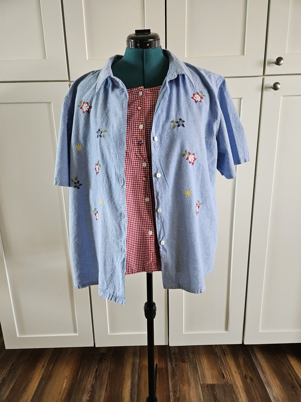Bobbie Brooks Light Blue Short-Sleeve Button-Down with Floral Embroidery